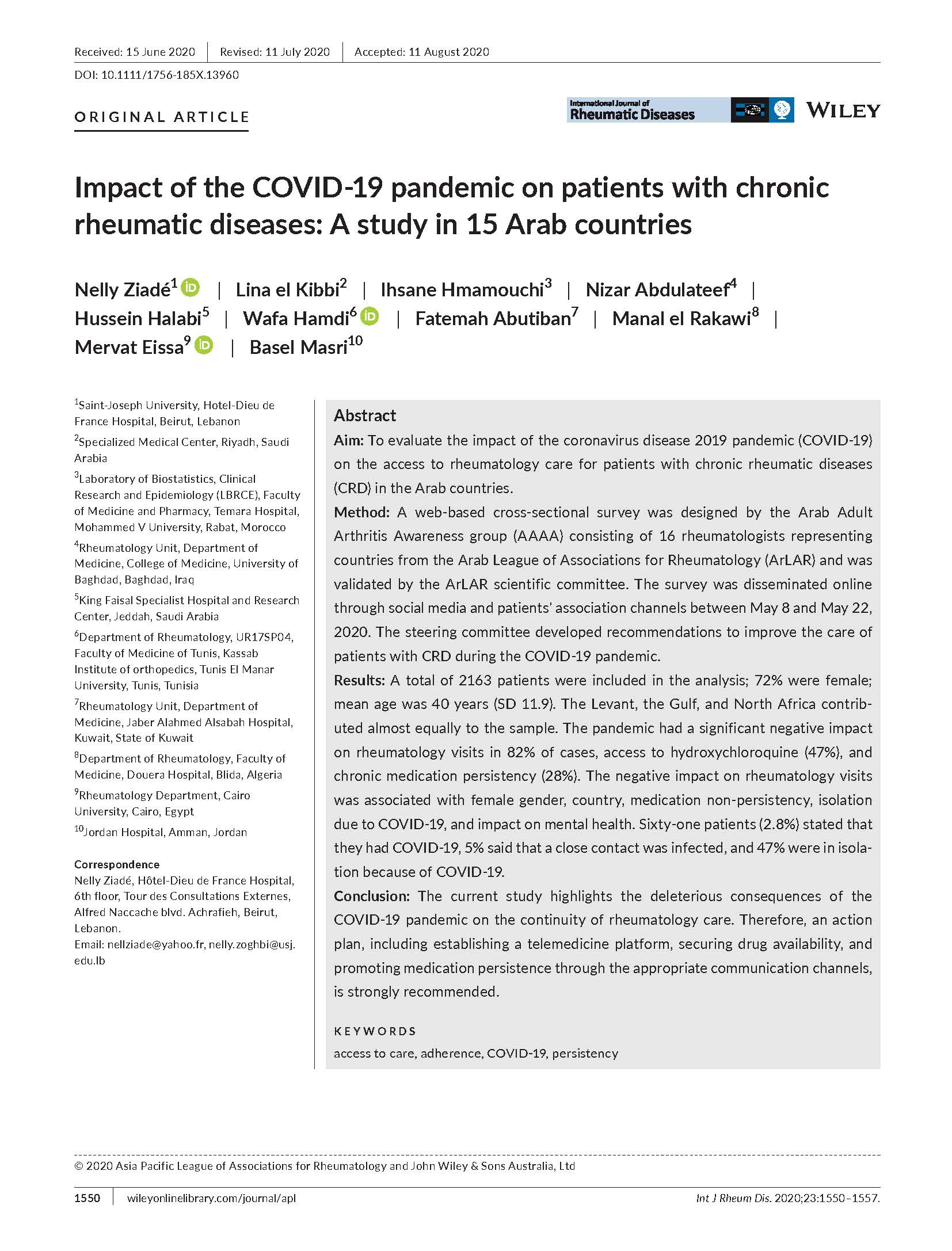 First page of Impact of the COVID-19 pandemic on patients with chronic rheumatic diseases: A study in 15 Arab countries