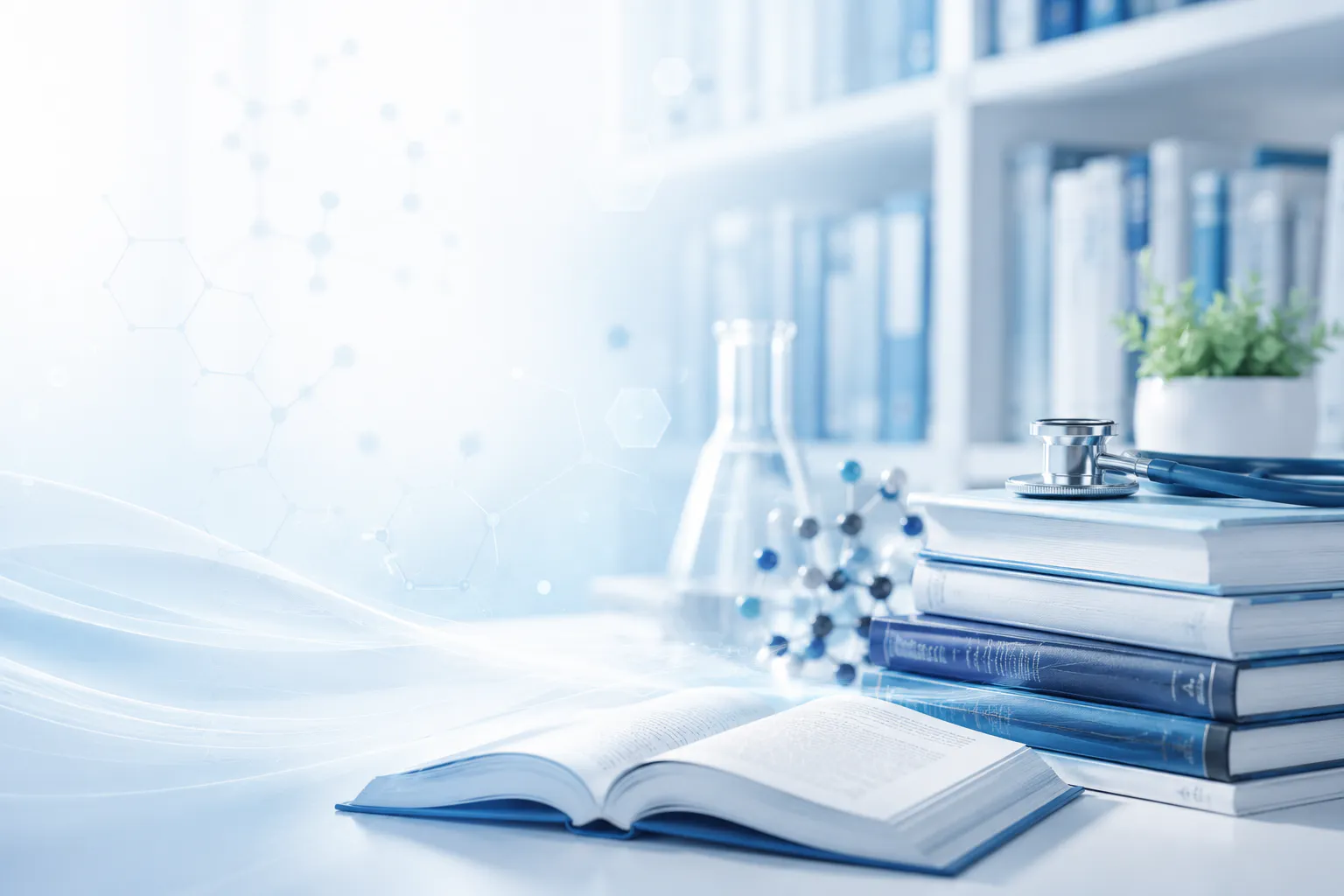 Rheumatology textbooks, research materials, and a stethoscope